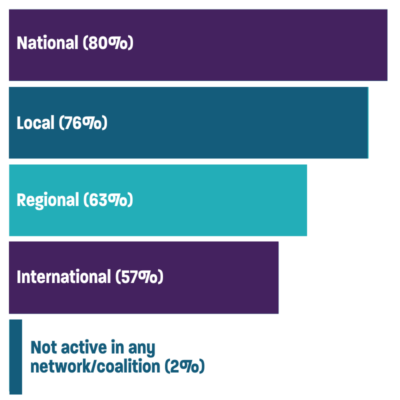 National - 80 per cent; Local - 76 per cent; Regional - 63 per cent; International - 57 per cent; Not active in any - 2 per cent.