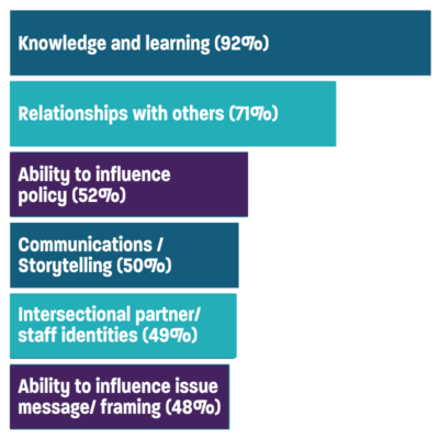 Knowledge and learnings – 92 percent; Relationships with others – 71 percent; Ability to influence policy – 52 percent; Storytelling or communication practices – 50 percent; Intersectional identities of staff and/or partners – 49 percent; Ability to influence issue message or framing – 48 percent.